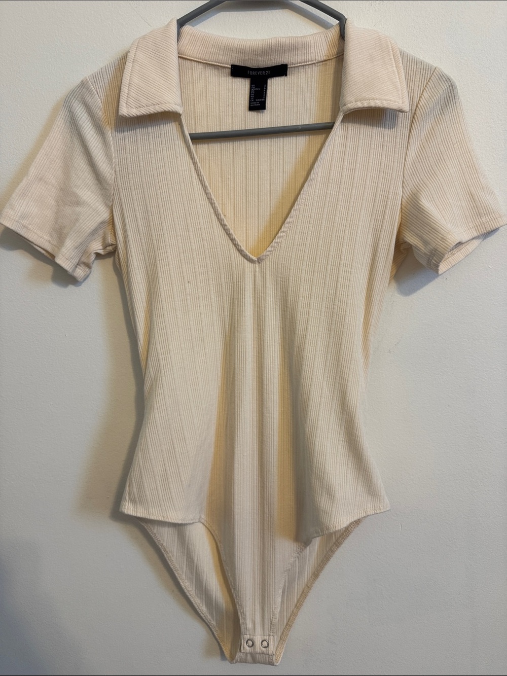 Forever 21 Cream Ribbed V-Neck Polo Style Bodysuit
